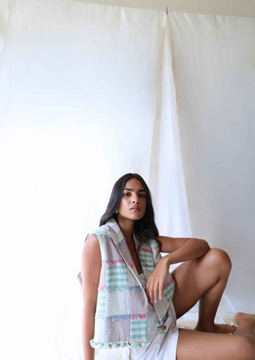 SAN- CROPPED KANTHA WAISTCOAT
