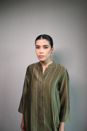 CHANDERI STRIPE BLOCK KURTA SET